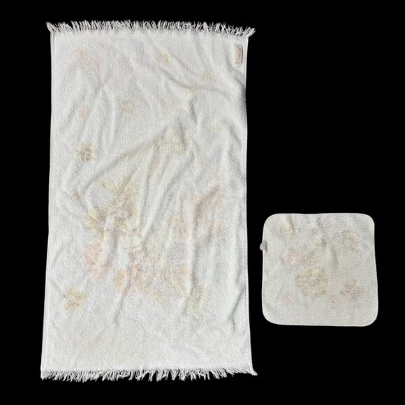 Vintage Floral Bath Towel Washcloth Set 1970s Dundee USA Yellow Orange Flowers - Picture 3 of 10